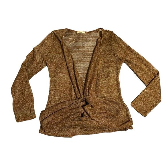 Y2K Unyx Brown sweater Twisted front metallic Gold fine knit top size medium - Picture 7 of 12